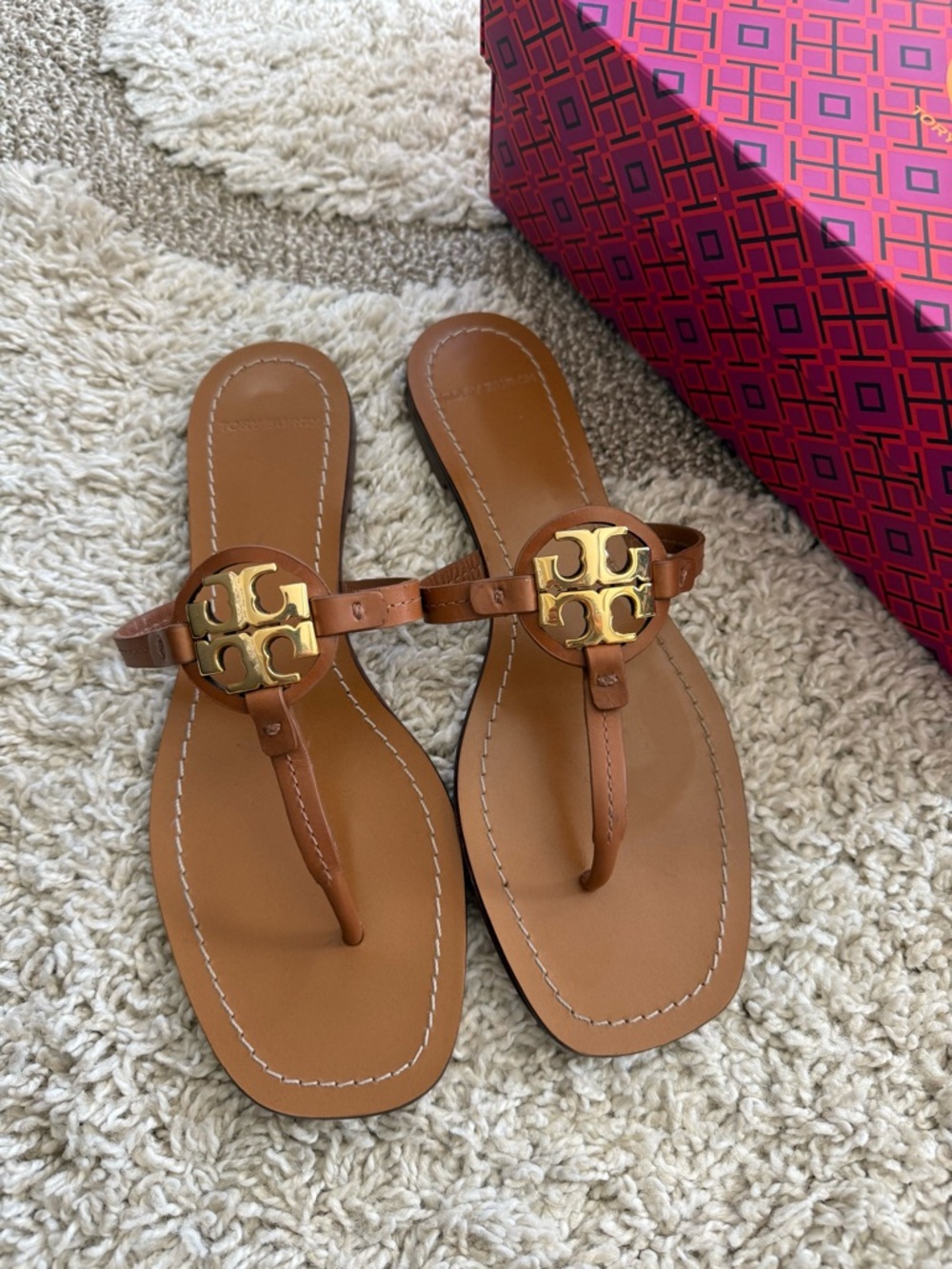 Tory Burch Brown Leather Thong Sandals with Gold Logo Medallion